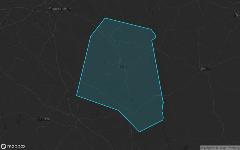 Map of Union County, South Carolina showing the county boundary and surrounding cities