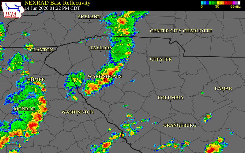 NEXRAD radar during the Sunday, June 14, 2026 storm activity in Union County, South Carolina