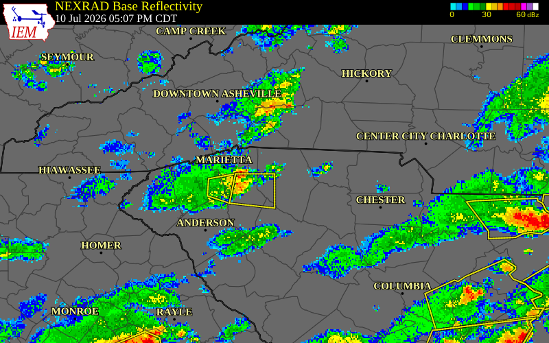 NEXRAD radar during the Friday, July 10, 2026 storm activity in Union County, South Carolina