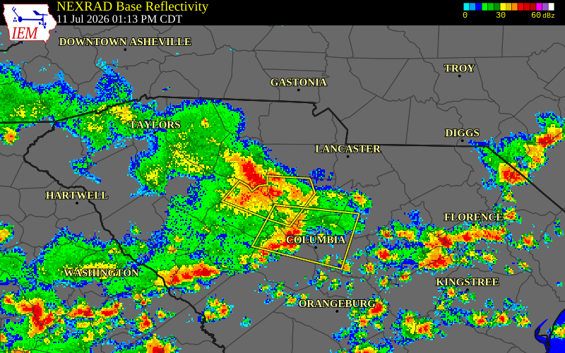 NEXRAD radar during the Saturday, July 11, 2026 storm activity in Union County, South Carolina