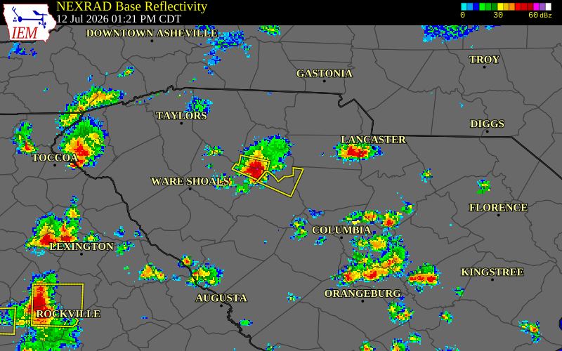 NEXRAD radar during the Sunday, July 12, 2026 storm activity in Union County, South Carolina