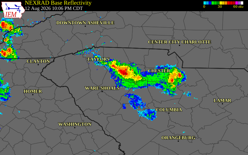 NEXRAD radar during the Wednesday, August 12, 2026 storm activity in Union County, South Carolina
