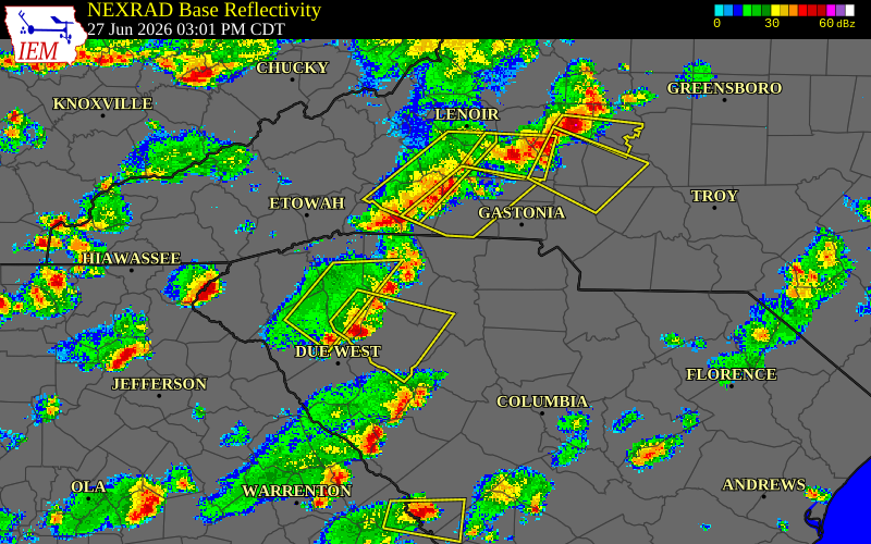 Radar snapshot during the Jun 27, 2026 wind event near Union County, Union County, South Carolina, with NWS warning polygons