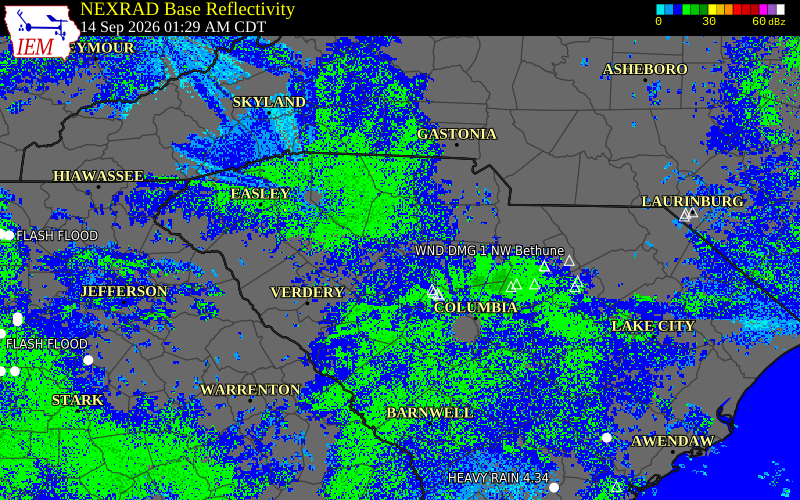 Current NEXRAD radar over Union County, South Carolina with recent storm report locations