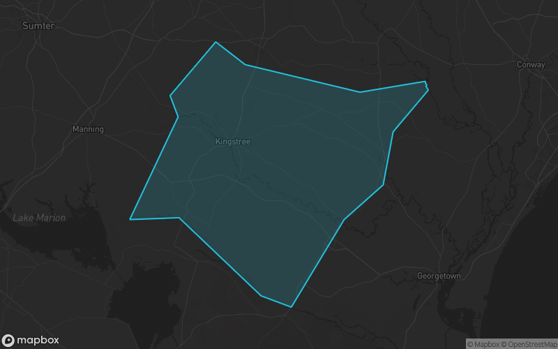 Map of Williamsburg County, South Carolina showing the county boundary and surrounding cities