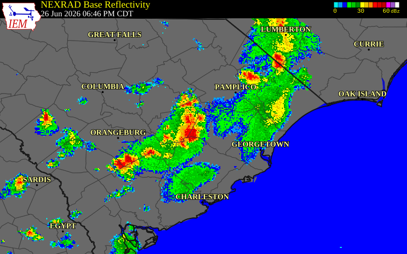 NEXRAD radar during the Friday, June 26, 2026 storm activity in Williamsburg County, South Carolina