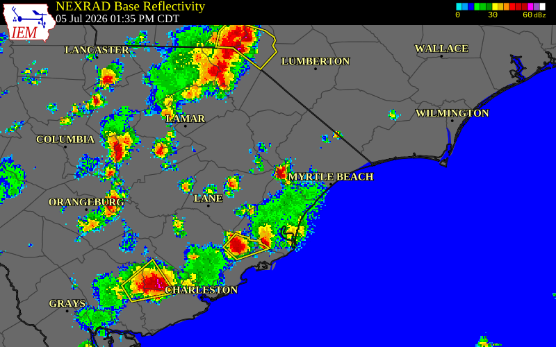 NEXRAD radar during the Sunday, July 5, 2026 storm activity in Williamsburg County, South Carolina