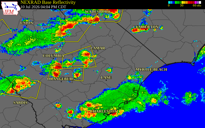 NEXRAD radar during the Friday, July 10, 2026 storm activity in Williamsburg County, South Carolina