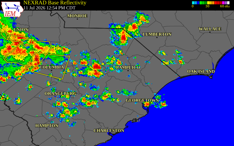 NEXRAD radar during the Saturday, July 11, 2026 storm activity in Williamsburg County, South Carolina