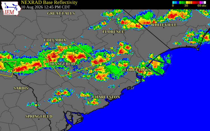 NEXRAD radar during the Monday, August 10, 2026 storm activity in Williamsburg County, South Carolina