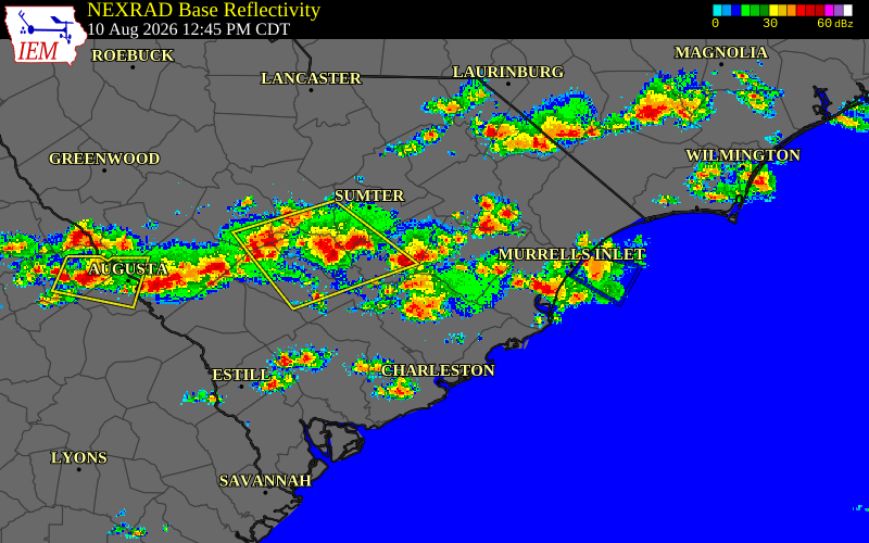 Radar snapshot during the Aug 10, 2026 wind event near Williamsburg County, Williamsburg County, South Carolina, with NWS warning polygons