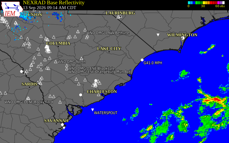 Current NEXRAD radar over Williamsburg County, South Carolina with recent storm report locations