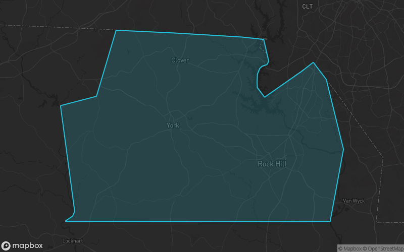 Map of York County, South Carolina showing the county boundary and surrounding cities