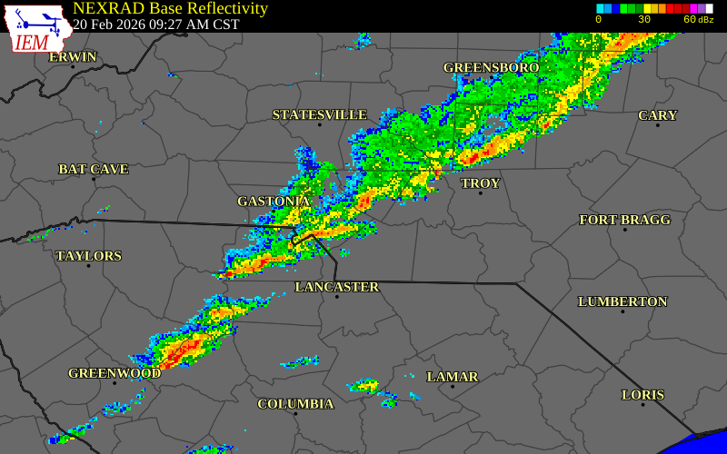 NEXRAD radar during the Friday, February 20, 2026 storm activity in York County, South Carolina