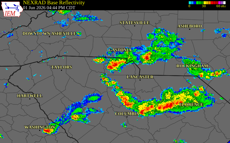 NEXRAD radar during the Monday, June 1, 2026 storm activity in York County, South Carolina
