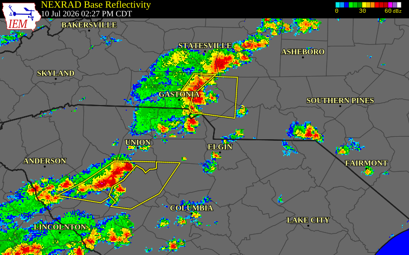 NEXRAD radar during the Friday, July 10, 2026 storm activity in York County, South Carolina