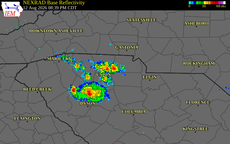 NEXRAD radar during the Wednesday, August 12, 2026 storm activity in York County, South Carolina