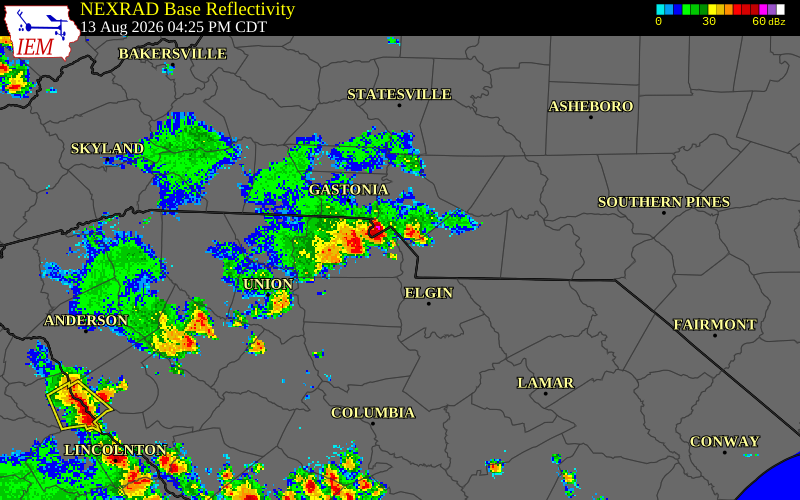 NEXRAD radar during the Thursday, August 13, 2026 storm activity in York County, South Carolina