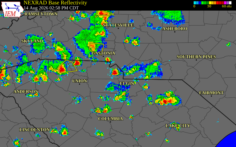 NEXRAD radar during the Friday, August 14, 2026 storm activity in York County, South Carolina