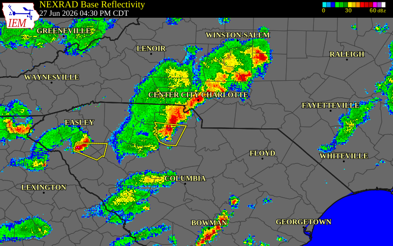 Radar snapshot during the Jun 27, 2026 wind event near York County, York County, South Carolina, with NWS warning polygons