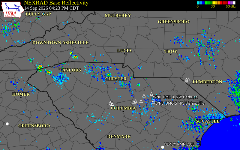 Current NEXRAD radar over York County, South Carolina with recent storm report locations