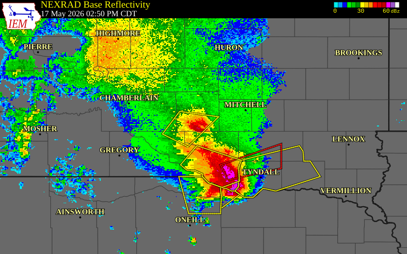 NEXRAD radar during the Sunday, May 17, 2026 storm activity in Aurora County, South Dakota