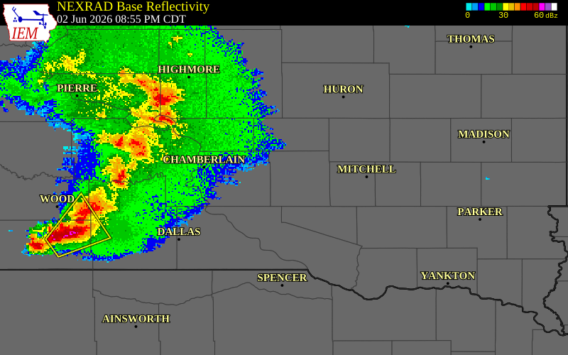 NEXRAD radar during the Tuesday, June 2, 2026 storm activity in Aurora County, South Dakota