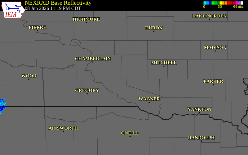NEXRAD radar during the Monday, June 8, 2026 storm activity in Aurora County, South Dakota