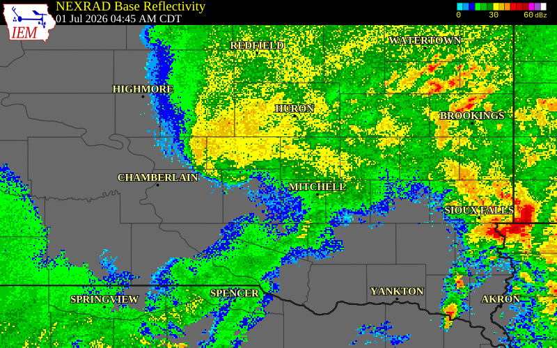 NEXRAD radar during the Wednesday, July 1, 2026 storm activity in Aurora County, South Dakota