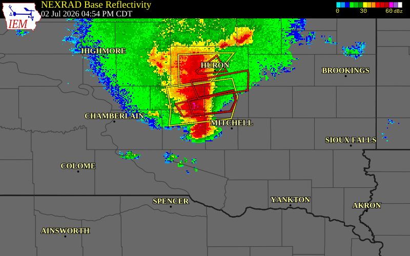 NEXRAD radar during the Thursday, July 2, 2026 storm activity in Aurora County, South Dakota