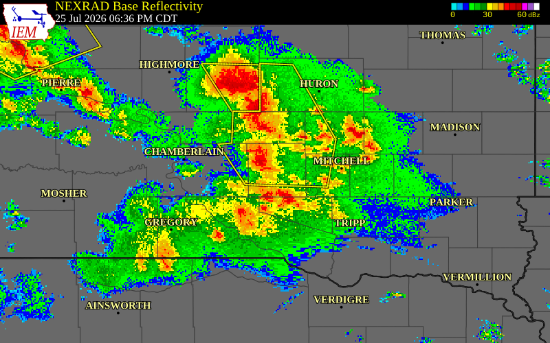NEXRAD radar during the Saturday, July 25, 2026 storm activity in Aurora County, South Dakota