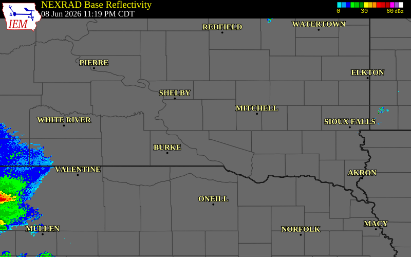 Radar snapshot during the Jun 8, 2026 wind event near 11 NNE Platte, Aurora County, South Dakota, with NWS warning polygons
