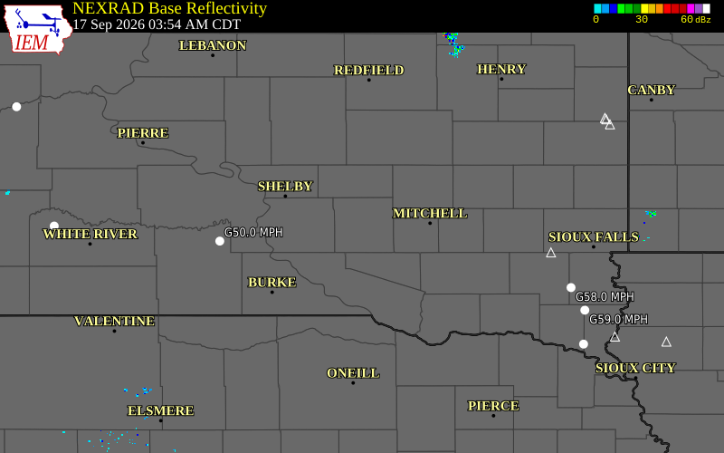 Current NEXRAD radar over Aurora County, South Dakota with recent storm report locations