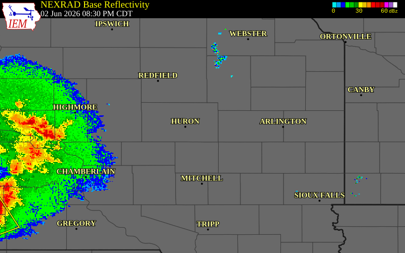NEXRAD radar during the Tuesday, June 2, 2026 storm activity in Beadle County, South Dakota