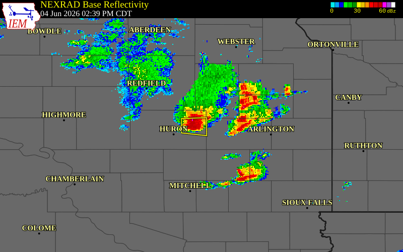 NEXRAD radar during the Thursday, June 4, 2026 storm activity in Beadle County, South Dakota