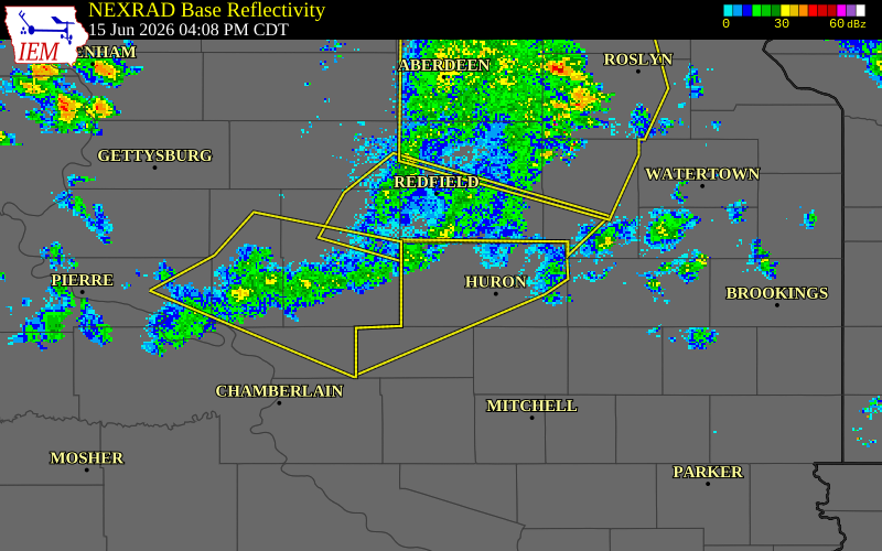NEXRAD radar during the Monday, June 15, 2026 storm activity in Beadle County, South Dakota