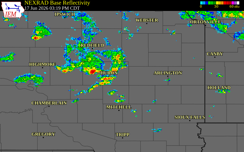 NEXRAD radar during the Wednesday, June 17, 2026 storm activity in Beadle County, South Dakota