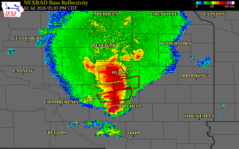 NEXRAD radar during the Thursday, July 2, 2026 storm activity in Beadle County, South Dakota