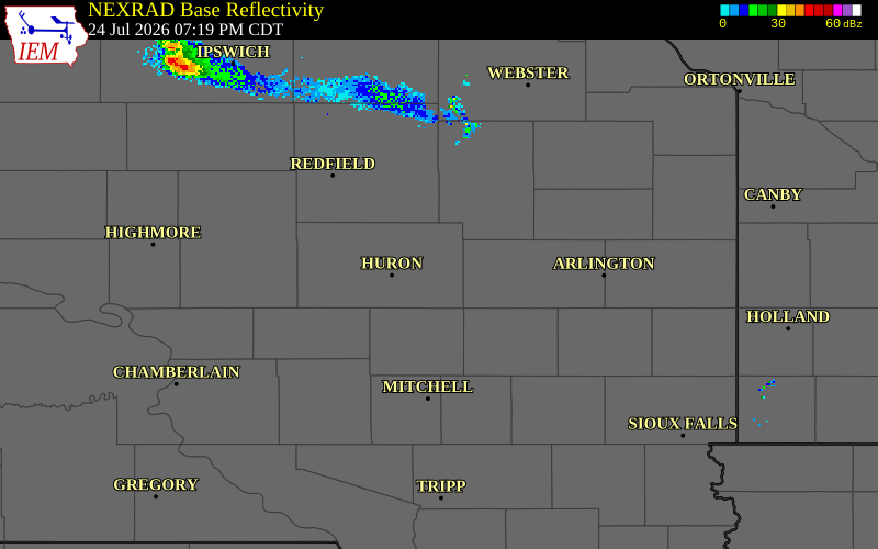 NEXRAD radar during the Friday, July 24, 2026 storm activity in Beadle County, South Dakota