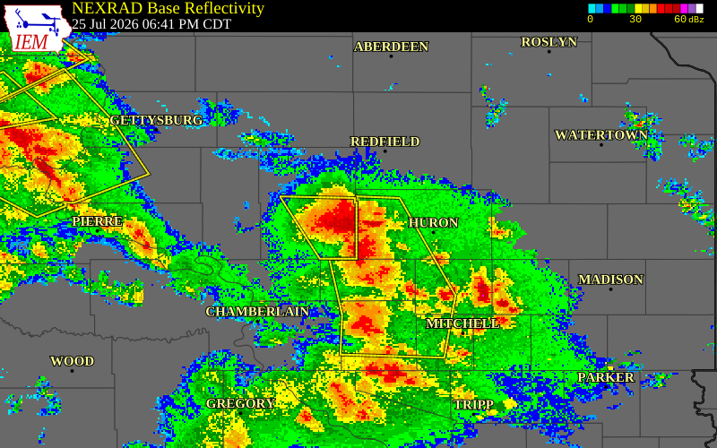 NEXRAD radar during the Saturday, July 25, 2026 storm activity in Beadle County, South Dakota