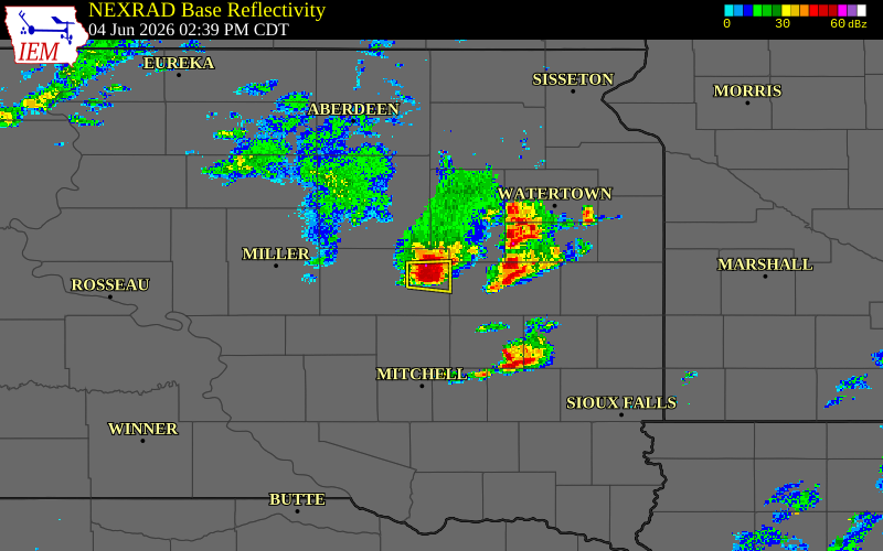 Radar snapshot during the Jun 4, 2026 hail event near 4 ENE Yale, Beadle County, South Dakota, with NWS warning polygons
