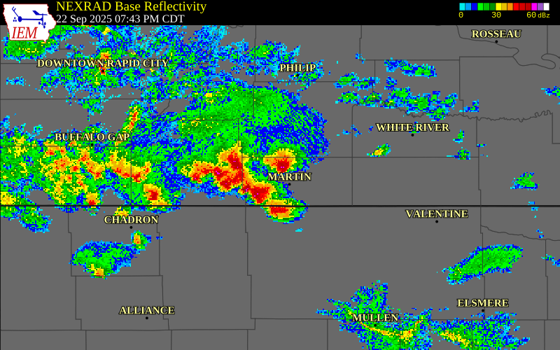 NEXRAD radar during the Monday, September 22, 2025 storm activity in Bennett County, South Dakota