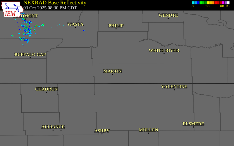 NEXRAD radar during the Friday, October 3, 2025 storm activity in Bennett County, South Dakota
