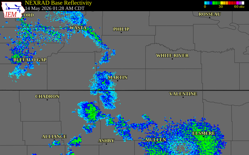 NEXRAD radar during the Thursday, May 14, 2026 storm activity in Bennett County, South Dakota