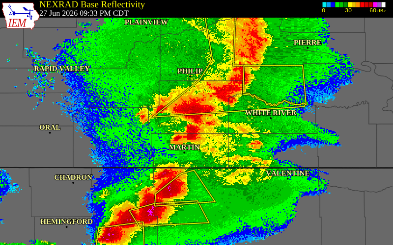 NEXRAD radar during the Saturday, June 27, 2026 storm activity in Bennett County, South Dakota