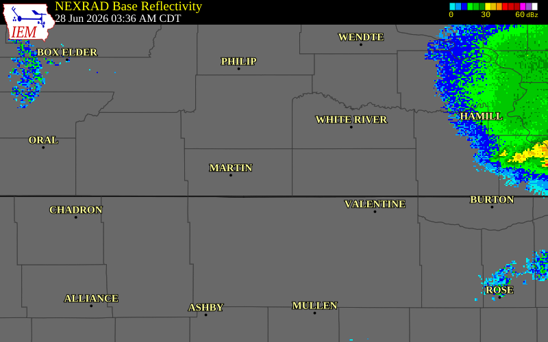 NEXRAD radar during the Sunday, June 28, 2026 storm activity in Bennett County, South Dakota