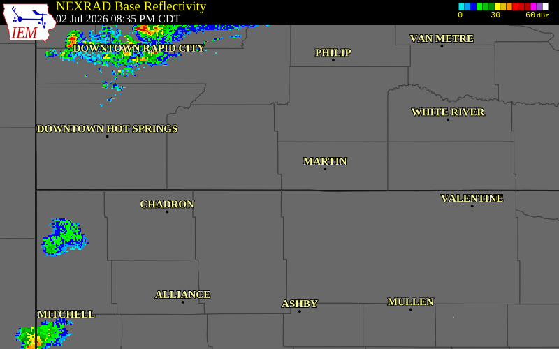 NEXRAD radar during the Thursday, July 2, 2026 storm activity in Bennett County, South Dakota