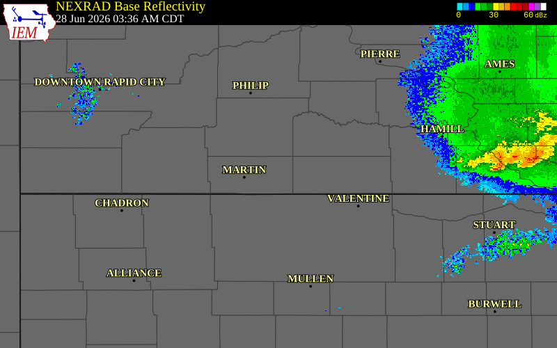 Radar snapshot during the Jun 28, 2026 hail event near Vetal, Bennett County, South Dakota, with NWS warning polygons
