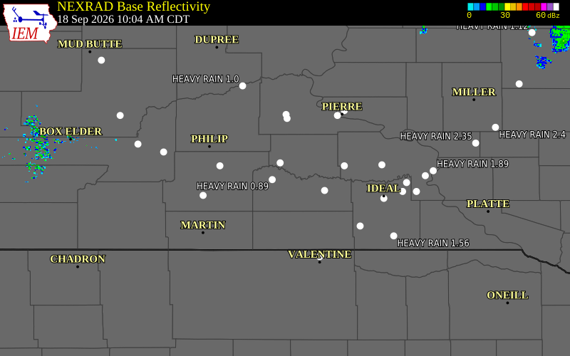 Current NEXRAD radar over Bennett County, South Dakota with recent storm report locations