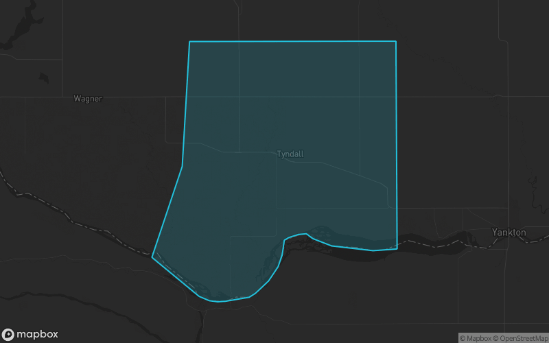 Map of Bon Homme County, South Dakota showing the county boundary and surrounding cities